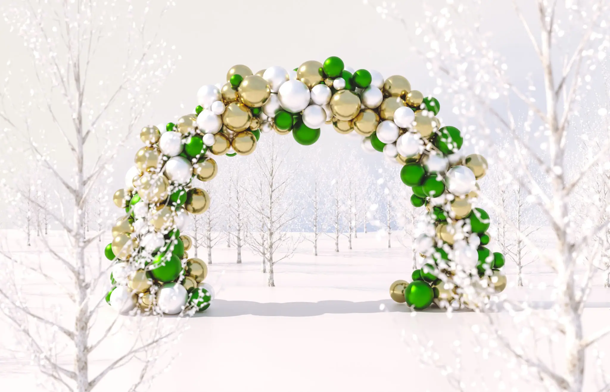 A festive arch decorated with white and gold ornaments and green leaves in a snowy setting.